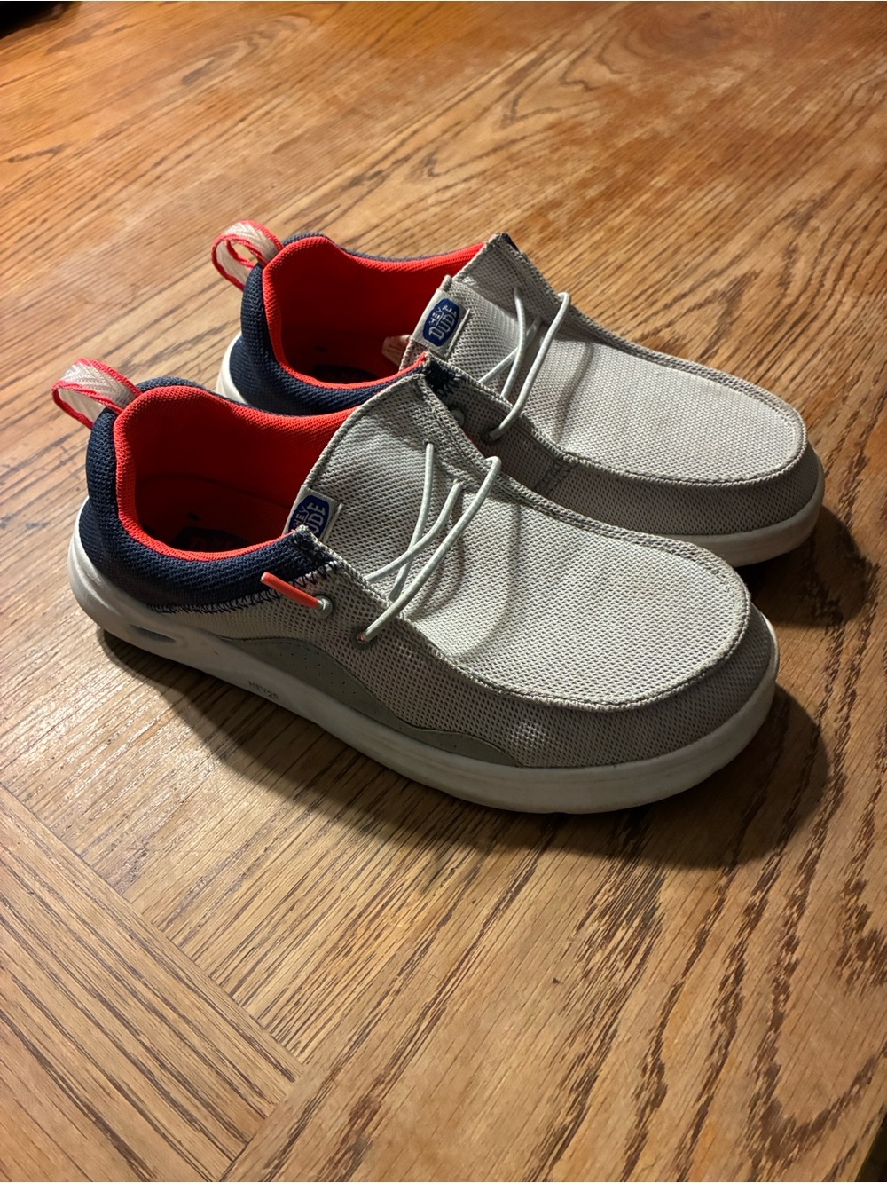 Hey Dude Kids Gray Slip-On Loafers with Navy Trim and Coral Lining